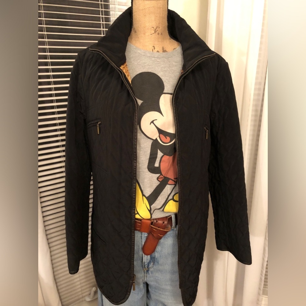 Vintage Dana Buchman Quilted Jacket Leather Trim Black L